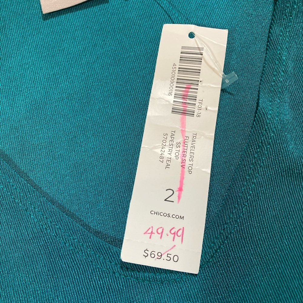Chico’s Traveler Top V Neck Flutter Sleeve Tapestry Teal Size 2 - Picture 3 of 9